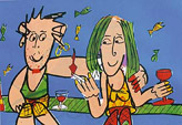 Twan de Vos verliefd stel op bankje zeefdruk relatiegeschenk kunstkado kunst man en vrouw die aan het barbecuen zijn, een lekker visje eten, een glaasje wijn drinken en een sigaret roken