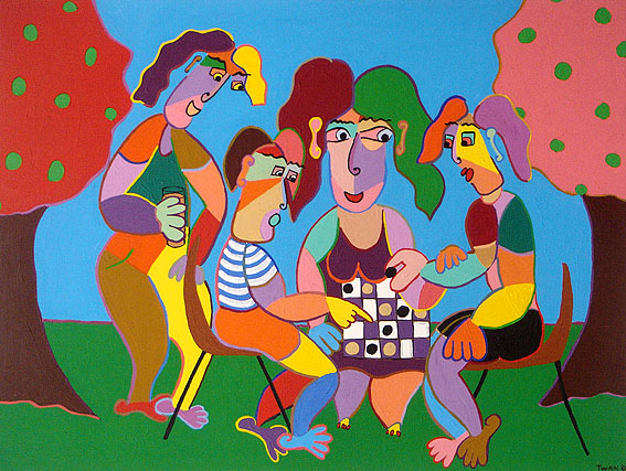 schilderij schilderijen kunst relatiegeschenk sport spel dammen gezin vermaak buiten lente zomer park plezier