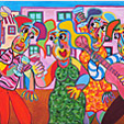 Schilderij Fiesta van Twan de Vos, acryl op linnen,feest op het dorpsplein, muziek maken en dansen, de flamengo, kunst