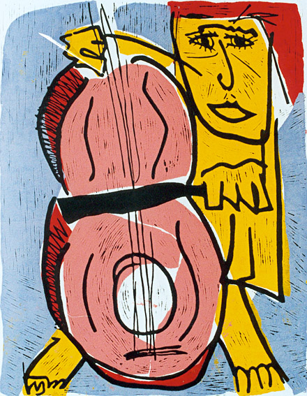 Linosnede Soloconcert van Twan de Vos, contrabas speler alleen op het podium contrabassist linosnede